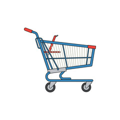 A vibrant shopping cart illustration on a white background, symbolizing retail and consumerism
