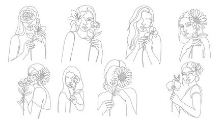 Eight minimalist continuous line art illustrations of women holding various flowers like roses, lilies, sunflowers, and orchids, on a white background.