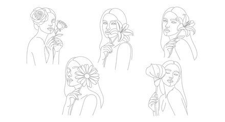 Line art illustrations of women with flowers, showcasing elegant and minimalist designs.