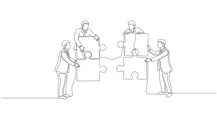 Continuous line drawing of a business team working together, connecting giant puzzle pieces to symbolize collaboration and problem-solving.
