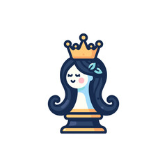 A whimsical queen chess piece with a crown and flowing hair, set against a minimalist background