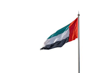 A vibrant flag of a Middle Eastern nation waves against a black background, attached to a silver pole