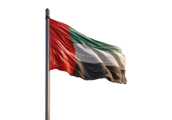 A billowing, colorful flag on a metal pole, against a deep black background