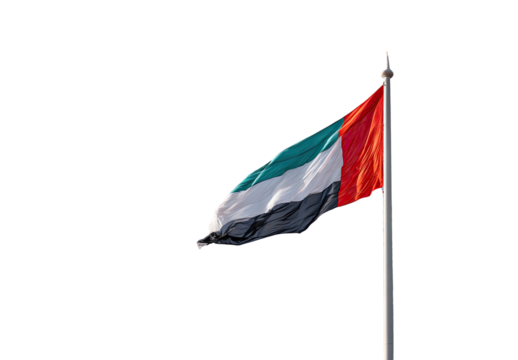 A vibrant flag of a Middle Eastern nation waves against a black background, attached to a silver pole