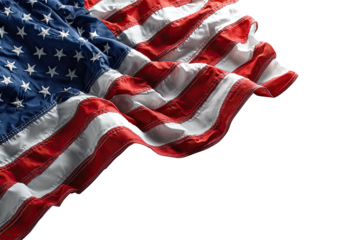 A billowing flag of stars and stripes, rendered with rich detail, isolated against a black background