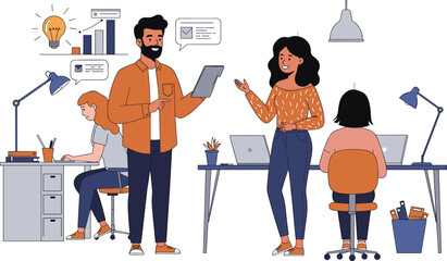 Modern office teamwork, collaborative workspace, business meeting illustration, colleagues brainstorming ideas, digital workplace communication, project discussion, productivity concept