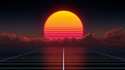 Retro futuristic sunset glowing grid lines neon horizon vibrant digital landscape dark clouds glowing lines vibrant colors sci fi atmosphere nostalgic glowing orange sun over grid landscape - Powered by Adobe
