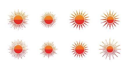 Collection of stylized sun illustrations in various orange and red hues on a white background