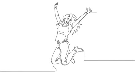 A continuous single line drawing of a happy young woman jumping for joy with her arms raised up.
