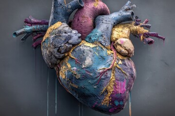 Anatomical heart floats amidst pink and blue vapor, artistic conceptual representation of the vital organ in a colorful dreamy setting