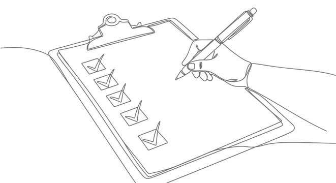 Line drawing of a clipboard with a checklist and a hand holding a pen.