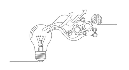 Continuous line drawing of a light bulb transforming into gears, arrows, and a brain, symbolizing idea generation, process, and growth.