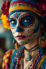 Fototapeta premium Woman with colorful calavera makeup celebrating day of the dead
