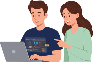 Team collaboration illustration, data analysis teamwork, laptop coding concept, programming discussion, cybersecurity project, digital charts, workplace technology, problem solving