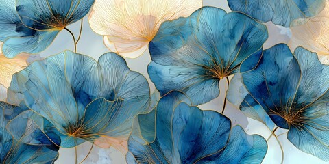 Abstract Watercolor Blue and Beige Flowers with Gold Lines