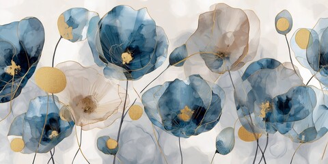 Abstract Watercolor Blue and Beige Flowers with Gold Lines