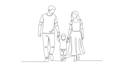 A continuous single line drawing of a happy young family, father, mother, and child, walking together while holding hands.