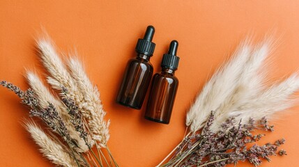 Amber dropper bottles with pampas grass on orange background