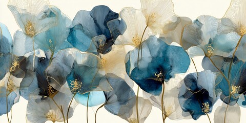 Abstract Watercolor Blue and Beige Flowers with Gold Lines