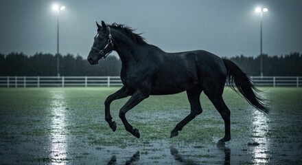 A sleek black horse gallops across a wet field under the glow of stadium lights