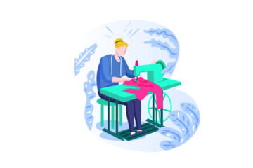 Woman Sewing Pink Fabric with Green Sewing Machine on Transparent Background Flat Illustration Crafting Garment Tailoring and Dressmaking Process