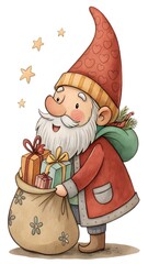 Cheerful gnome with a bag of presents on a transparent background