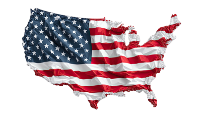 Image of a map of the United States with the American flag draped across its form
