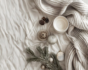 Scandinavian Christmas composition, beeswax candle in ceramic holder with dried orange slice and evergreen twig, light linen texture, cozy minimal design