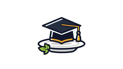 A graduation cap sits on a white plate with a green leaf, symbolizing culinary education or a food-related academic achievement.