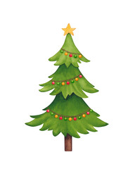 Watercolor Christmas tree with ornaments. Hand drawn illustration isolated on white background.