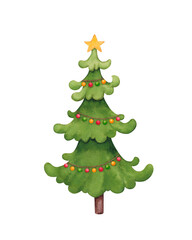 Watercolor Christmas tree with ornaments and star. Hand drawn illustration isolated on white background.