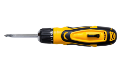 A close-up, top-down view of a yellow and black handheld screwdriver against a black background