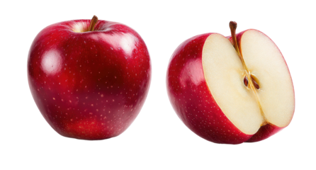 Two shiny, vibrant red apples, one whole and one cut to reveal its core and crisp, white flesh