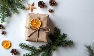 Minimal Christmas gift wrapping, rustic kraft paper present with twine, cotton flower, eucalyptus leaves, paper star, neutral white linen background, cozy hygge mood