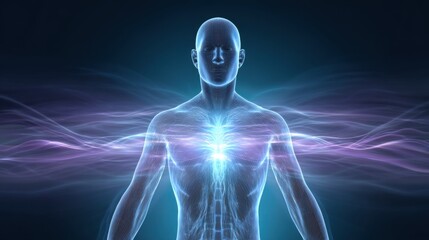 A translucent human silhouette glowing from within, energy waves emanating from the chest