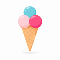 Colorful Ice Cream Cone with Strawberry, Blueberry, and Peach Flavors