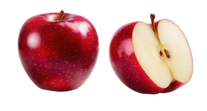 Two shiny, vibrant red apples, one whole and one cut to reveal its core and crisp, white flesh