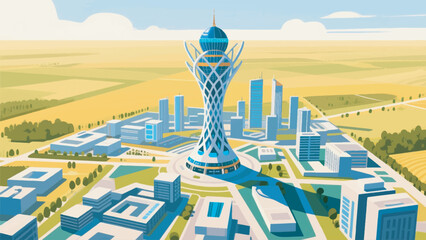 Illustration Of Bayterek Tower With Futuristic Design And Modern City In The Vast Plains Vector Design Template