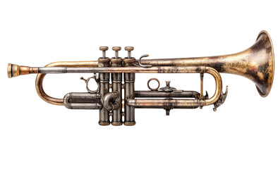Obraz premium A detailed depiction of a tarnished brass wind instrument, isolated against a black background