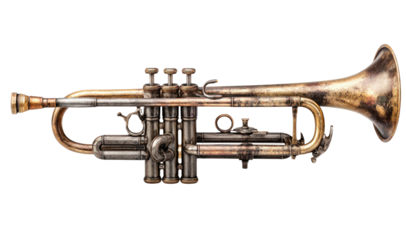 A detailed depiction of a tarnished brass wind instrument, isolated against a black background