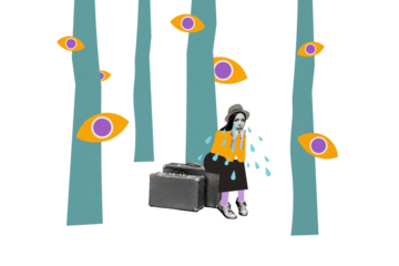 Creative photo collage young girl sad unhappy crying tears tourist vacation passenger eyes vision superintend espionage