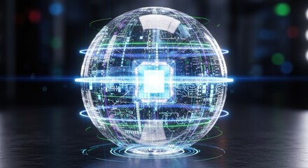 Glowing digital sphere with an integrated CPU processor, symbolizing artificial intelligence and advanced data processing in a futuristic server environment.