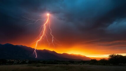 Lightning strike over mountain range during dramatic sunset with dark storm clouds and glowing orange sky creating intense natural landscape with thunderstorm and nature sky cloud scene - Powered by Adobe