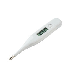 Digital thermometer displaying temperature in clear plastic design  isolate on a transparent background