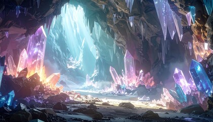 Crystal cave interior, vibrant colours, light streams in