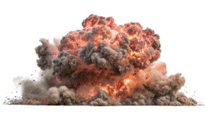 A massive, fiery explosion with billowing smoke and debris, set against a black background