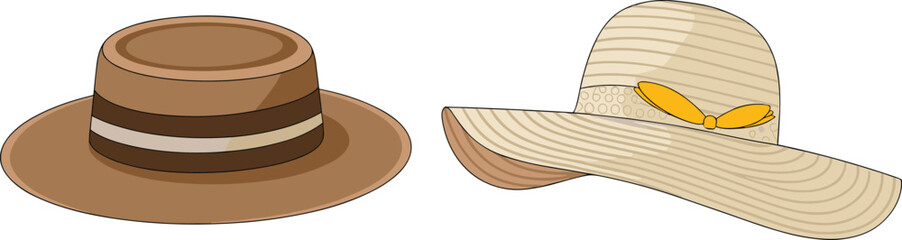 Boater hat, sun hat, ribbon detail, summer accessory, fashion headwear, flat vector illustration, CAD drawing, stylish design, hat comparison