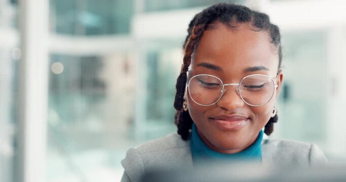 Creative, glasses and woman with laptop, office and proofreading draft for publication and magazine. Happy, journalist and black person with tech for story, editing and planning for news on website