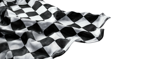 A close-up shot of a racing flag, its checkered pattern flowing dynamically against a black backdrop