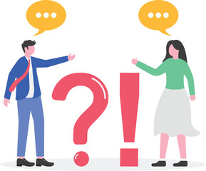 Businessman and businesswoman sit on question and answer mark,

